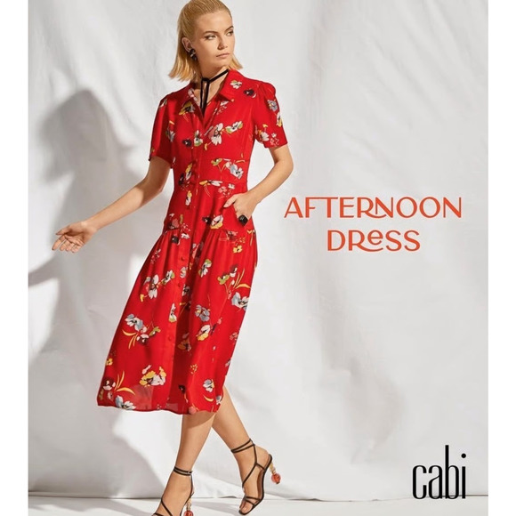 CAbi Dresses & Skirts - *Flawed* CAbi Afternoon Dress Floral Midi Red 6218 SS Shirt Dress Size XL Sheer